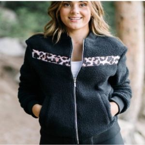 ZYIA Active Black Leopard Sherpa Bomber Jacket